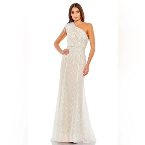 Mac Duggal Dresses & Skirts - Mac Duggal One Shoulder Formal Gown Illusion Lace Feathered Size XS Ivory Bridal